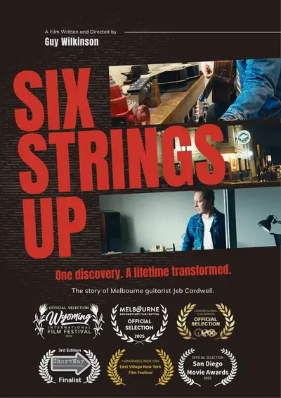 Poster for SIX STRINGS UP, directed by Guy Wilkinson, AFIN 2025